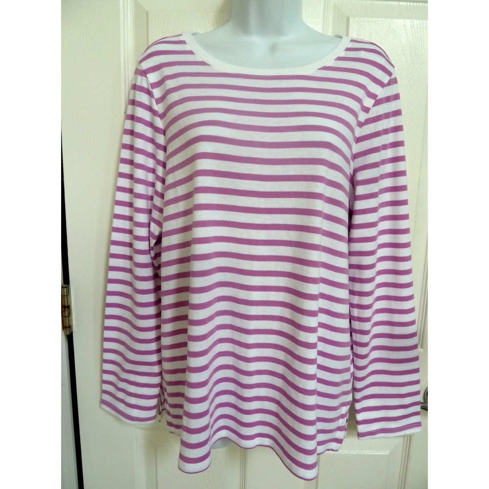 J. Jill Pima Cotton Striped Long Sleeve Crew Neck Tee Purple White LP 14P 16P